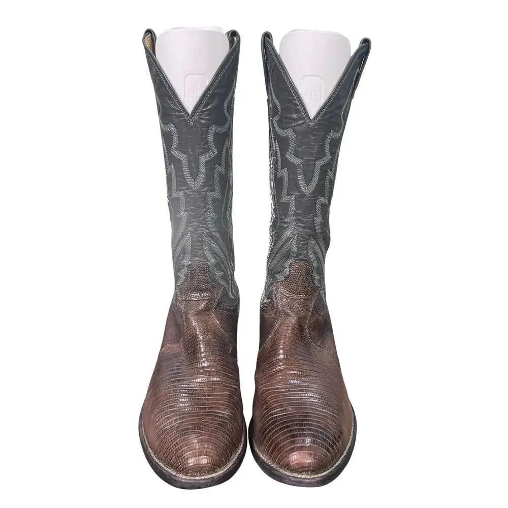 Vintage Justin Men's Brown Teju Lizard Skin Cowboy Boots Size 9.5 D